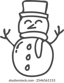 A simple black and white line drawing of a snowman wearing a top hat and scarf, with stick arms and three buttons on its body. Perfect for winter and holiday-themed designs.