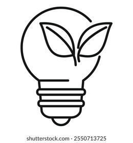 Dibujo simple en blanco y negro de una bombilla con hojas que crecen en el interior, que representa la energía verde y la sostenibilidad