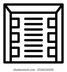 Simple black and white line drawing of a closing garage door, symbolizing safety and home security
