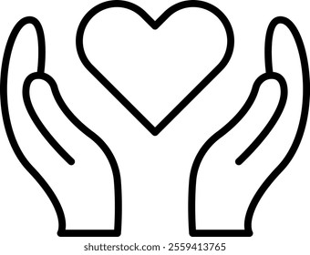 Simple black and white line drawing of two hands cupping or holding a heart shape, symbolizing love, care, support, or compassion.