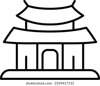 Simple black and white line drawing of a traditional Asian pagoda with three tiers, curved roofs, and a central arched entrance. The pagoda is elevated on a base.