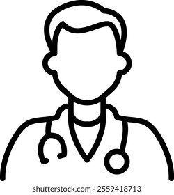 Simple black and white line drawing of a person wearing a stethoscope around the neck, representing a medical professional, such as a doctor or nurse. 