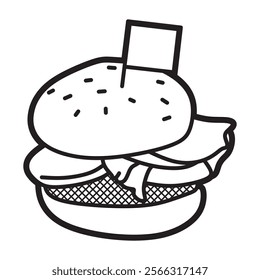 simple black and white line drawing, fast food, burger with flag
