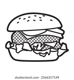 simple black and white line drawing, fast food, burger with lots of fillings