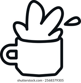 Simple black and white line drawing of a cup with a handle on the left side, containing three abstract splash shapes and one small droplet.