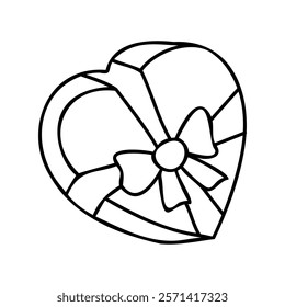 A simple black and white line drawing of a heart-shaped gift box with a bow on top. Perfect for Valentine's Day designs, love-themed decorations, or gift-related projects