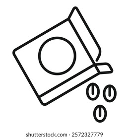 Simple black and white line drawing of a coffee cup with coffee beans, ideal for icons or logos