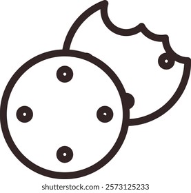 Simple black and white line drawing of two cookies, one with a bite taken out. Both cookies have small circular spots representing chocolate chips.