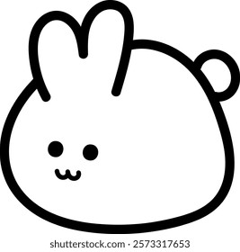 Simple black and white line drawing of a cute, round bunny with long ears, circular eyes, and a smiling mouth. Minimalist and adorable design suitable for various audiences.