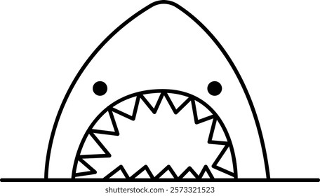 Simple black and white line drawing of a shark's head emerging from the water. The shark has a triangular shape, rounded top, small circular eyes, and a wide open mouth with sharp, triangular teeth.