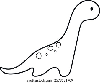 Simple black and white line drawing of a dinosaur with a long neck, small head, spots on its back, and a long tail. The dinosaur is stylized and minimalistic, suitable for various uses.