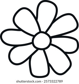 Simple black and white line drawing of a flower with eight rounded petals symmetrically arranged around a central circular disc. Clean and minimalist design.