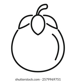 Simple black and white line drawing of a whole persimmon fruit with stem and leaves, perfect for minimalist designs