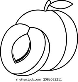 A simple black and white line drawing depicts a whole apricot alongside a crosssection revealing its pit and juicy flesh. The illustration is clean and minimalist.