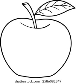 A simple black and white line drawing of an apple. It features a stem, leaf, and a smooth apple shape. Suitable for coloring or educational materials.