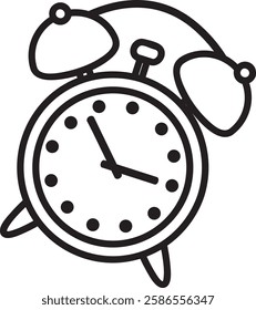 Simple black and white line drawing of a traditional alarm clock with bells ringing, indicating the current time and serving as a reminder or wake up call