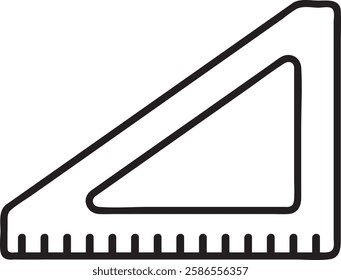 Simple black and white line drawing of a triangular ruler with a scale, useful for measuring lengths and angles in geometry, technical drawing, and architecture