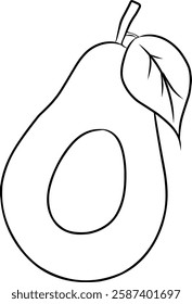 Simple black and white line drawing of an avocado fruit featuring a bold outline and leaf detail.