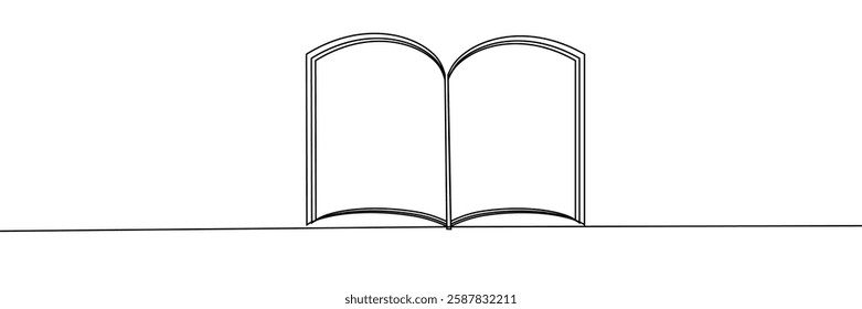 Simple black and white line drawing of an open book with curved pages, placed on a flat surface, symbolizing reading and knowledge. Vector illustration