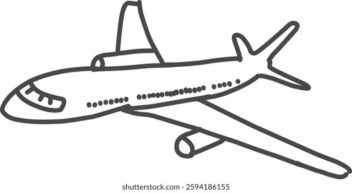 A simple black and white line drawing of an airplane in flight