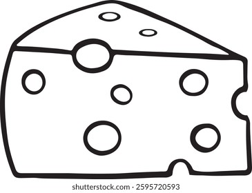 A simple black and white line drawing of a cheese wedge. The illustration features characteristic round holes of varying sizes, typical of Swiss cheese