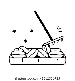 A simple, black and white line drawing depicts the process of coffee cleaning