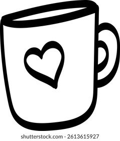 Simple black and white line drawing of a coffee mug with a heart symbol in the center.