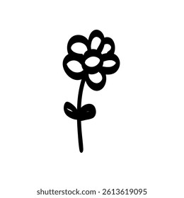 Simple black and white line drawing of a flower with a stem, two leaves, and multiple rounded petals.