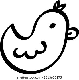 Simple black and white line drawing of a small bird with a rounded body, a tiny wing, and two feather-like shapes on its head.