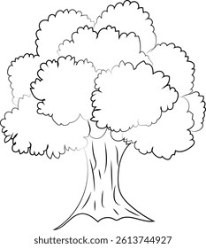 Simple black and white line drawing of a large tree with a thick trunk and full, rounded crown.