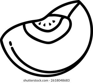 a simple black and white line drawing of a peach slice, showcasing its pit, in a minimalist style
