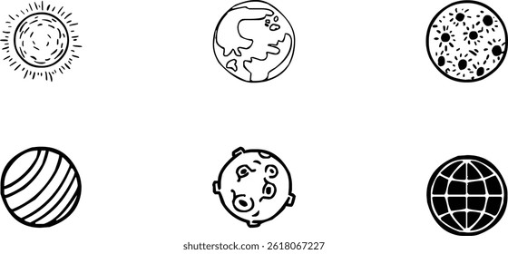 A simple black and white line drawing of six planets, each in a separate circle.
