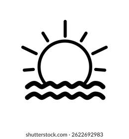 Eine einfache, schwarz-weiße Linienzeichnung, die einen Sonnenaufgang oder Sonnenuntergang über dem Ozean darstellt. 