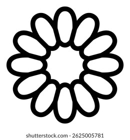Simple black and white line drawing of a stylized flower with many rounded petals