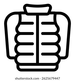 Simple black and white line drawing of a warm down jacket, perfect for icons or infographics related to winter, clothing, or outdoor activities