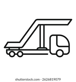 Simple black and white line drawing of airport passenger boarding stairs connected to a vehicle