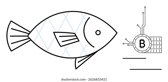 A simple black and white line drawing of a fish next to a Bitcoin symbol integrated with a blockchain design. Ideal for technology, cryptocurrency, blockchain, marine, financial industries