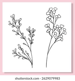 Simple black and white line drawing of two delicate botanical branches. Minimalist floral illustration perfect for modern design, wall art, greeting cards, and nature-themed projects.