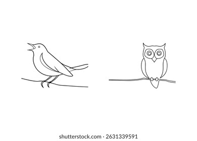 Simple black and white line drawing of a singing bird and a perched owl on a branch