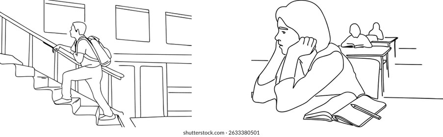 Simple black and white line drawing of students walking and studying in a classroom.