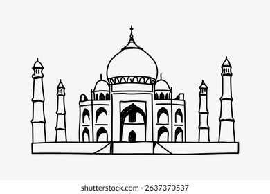 Simple black and white line drawing of the Taj Mahal. Iconic architecture with domes and minarets. Minimalist Taj Mahal illustration on a plain background. Line art illustration vector.