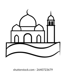 A simple black and white line drawing of a mosque with a minaret.