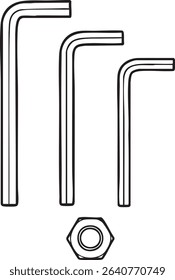 A simple black and white line drawing shows three hex wrenches of varying sizes and a single nut.