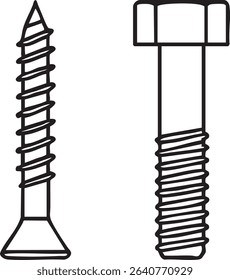 A simple black and white line drawing depicts a wood screw and a hex head bolt.