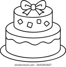 A simple black and white line drawing of a two-tiered cake with a bow on top.