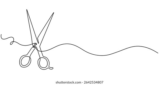 Simple black and white line drawing of scissors. line icon-continuous line drawing. Editable stroke, Scissors Continuous hair scissors continuous one line drawing, One continuous