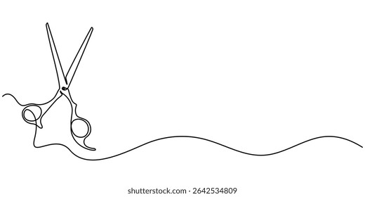 Simple black and white line drawing of scissors. line icon-continuous line drawing. Editable stroke, Scissors Continuous hair scissors continuous one line drawing, One continuous