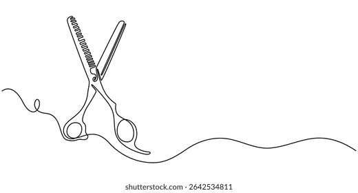 Simple black and white line drawing of scissors. line icon-continuous line drawing. Editable stroke, Scissors Continuous hair scissors continuous one line drawing, One continuous
