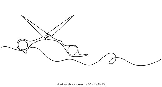 Simple black and white line drawing of scissors. line icon-continuous line drawing. Editable stroke, Scissors Continuous hair scissors continuous one line drawing, One continuous