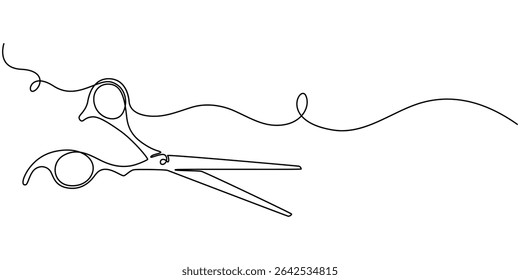 Simple black and white line drawing of scissors. line icon-continuous line drawing. Editable stroke, Scissors Continuous hair scissors continuous one line drawing, One continuous